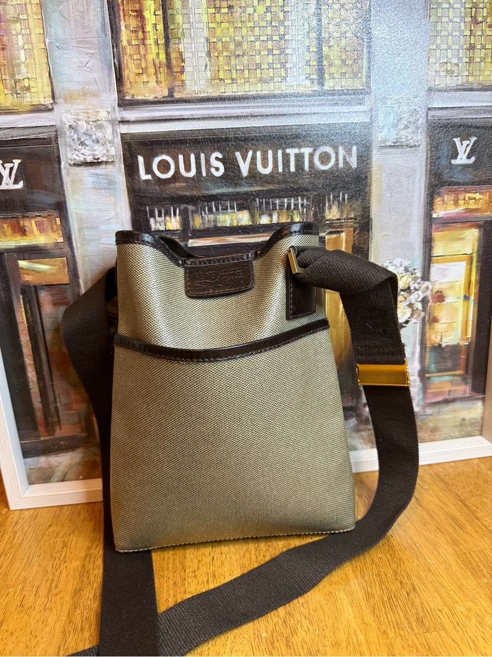 Salvatore Ferragamo Crossbody Messenger Bag in Grayish/Green Coated Canvas